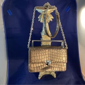 Botkier Modern Lennox Gunmetal Croc Embossed Leather Shoulder Bag Chrome Accents